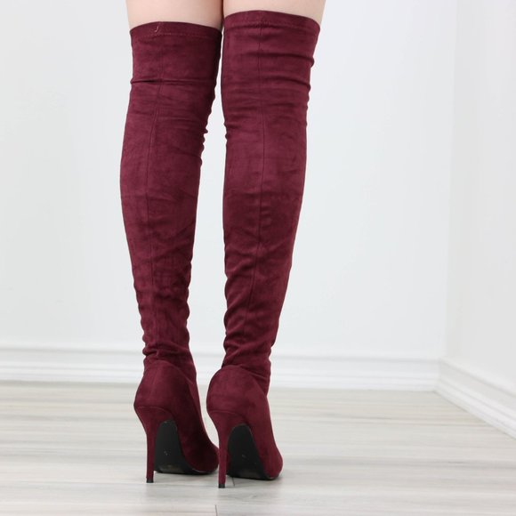 Wine Women's Thigh High Boots Faux Suede Pointed Toe Stilettos - Picture 14 of 15